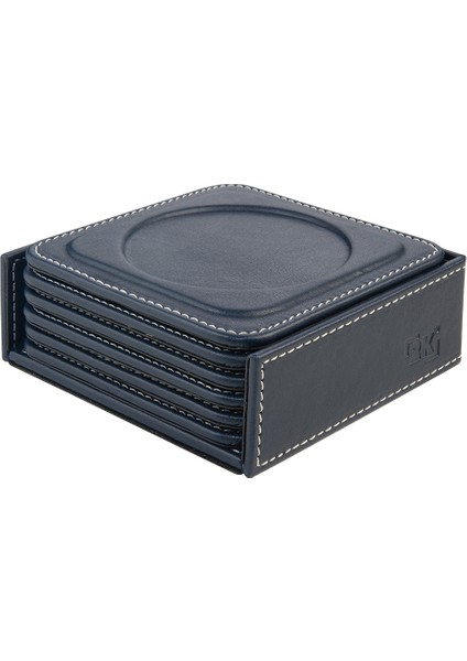 Bardak Altlığı,6’lı Set,masaüstü Yuvarlak Cup Coaster,vegan Suni DERI,11X11 Cm.,lacivert