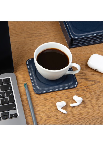 Bardak Altlığı,6’lı Set,masaüstü Yuvarlak Cup Coaster,vegan Suni DERI,11X11 Cm.,lacivert