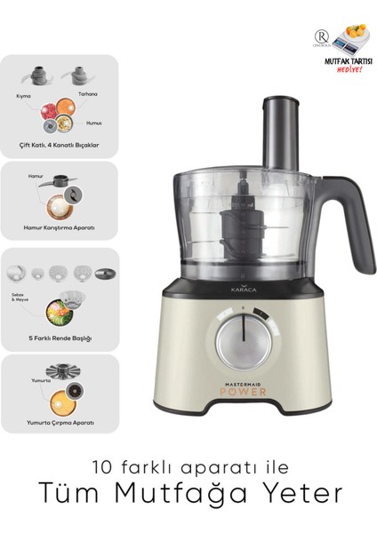 Premium Mutfak Robotu Seti, 2000W, 10 Aparat, Doğrayıcı, 4 Kanatlı Bıçak, Beyaz