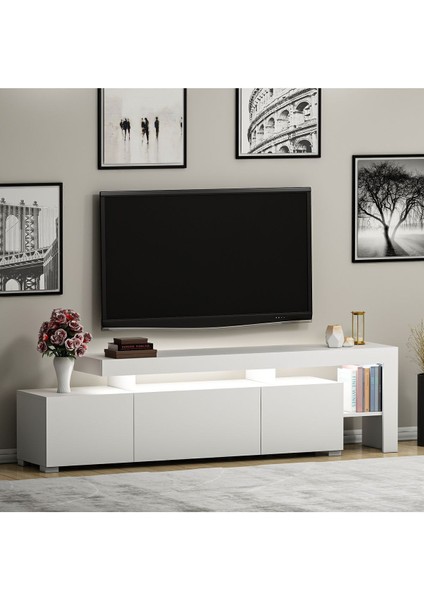 Beliz Modern LED Işıklı 3 Kapaklı, Raflı TV Sehpası – 192 cm - Beyaz