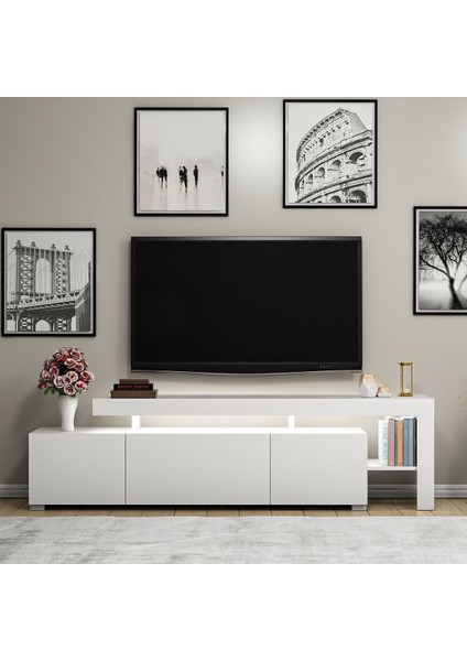 Beliz Modern LED Işıklı 3 Kapaklı, Raflı TV Sehpası – 192 cm - Beyaz