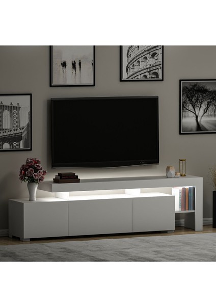 Beliz Modern LED Işıklı 3 Kapaklı, Raflı TV Sehpası – 192 cm - Beyaz