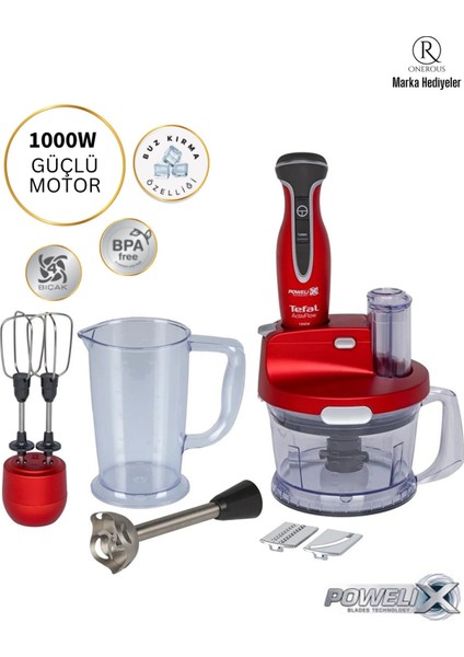 Kırmızı Turbo Fonksiyonlu Yüksek Güçlü Blender Seti 1000W Powelix Actiflow Pro