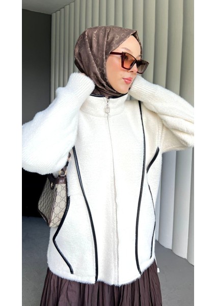 Meltem Çizgi Detaylı Fermuarlı Angora Cepli Uzun Kışlık Hırka fiyatları