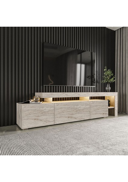 Beliz Modern LED Işıklı 3 Kapaklı, Raflı TV Sehpası – 192 cm - Traverten