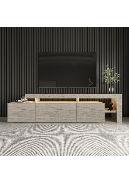 Beliz Modern LED Işıklı 3 Kapaklı, Raflı TV Sehpası – 192 cm - Traverten