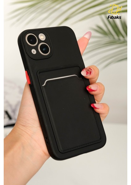 Apple iPhone 15 Kamera Korumalı Kartlıklı Cüzdanlı Kırmızı Tuşlu Siyah Silikon Kılıf