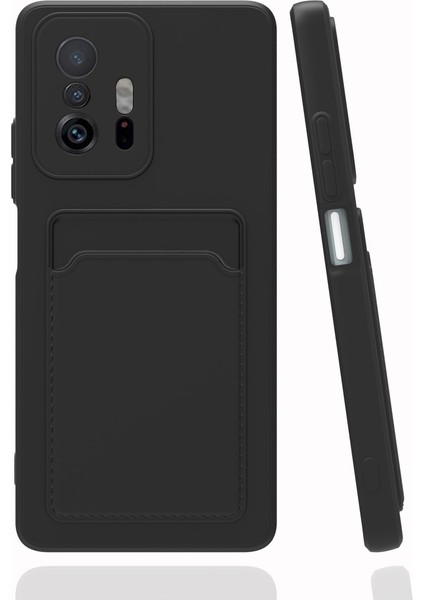 Xiaomi Mi 11T Kılıf Kamera Korumalı Kartlıklı Cüzdanlı Kırmızı Tuşlu Siyah Silikon Kapak