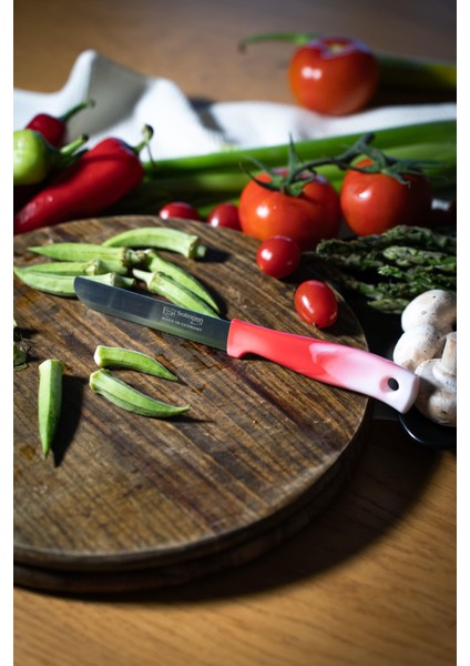 Kırmızı Ebruli Ava Sebze Bıçağı – Paslanmaz Alman Çeliği, Ergonomik Sap, 22 cm (Tekli)
