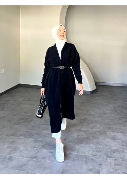 Selin Uzun Kemerli Oversize Triko Yünlü Hırka
