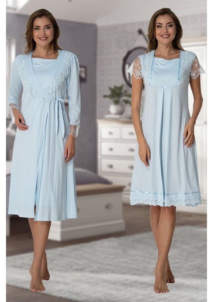 Dantel Detaylı Çift Düğmeli Gecelik Sabahlık Takımı