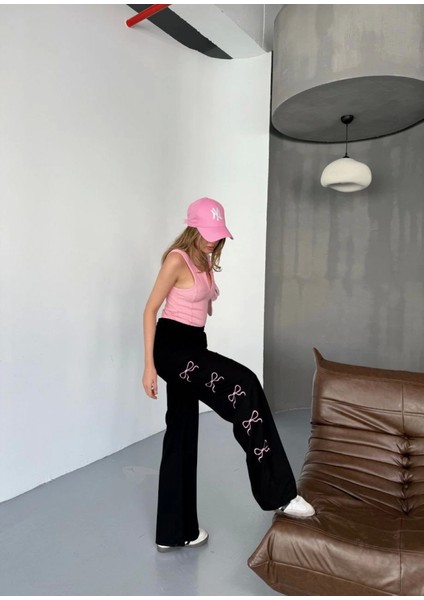 Osy Modal Yumuşak Dokulu Kumaş Nakış Işlemeli Rahat Bol Paça Eşofman Pantalon - Siyah