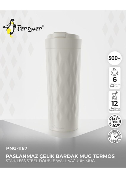 PNG-1167 500ml Flip Kapak Desenli Çelik Mug | 6 Saat Sıcak 12 Saat Soğuk | Sızdırmaz & BPA Free