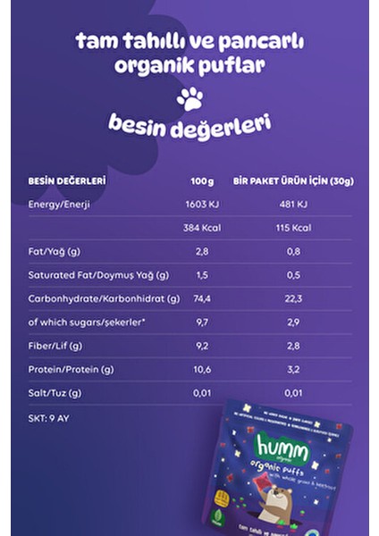 Humm Organik Pancarlı ve Tam Tahıllı Atıştırmalık Puflar 30 gr Vegan Bebekler İçin