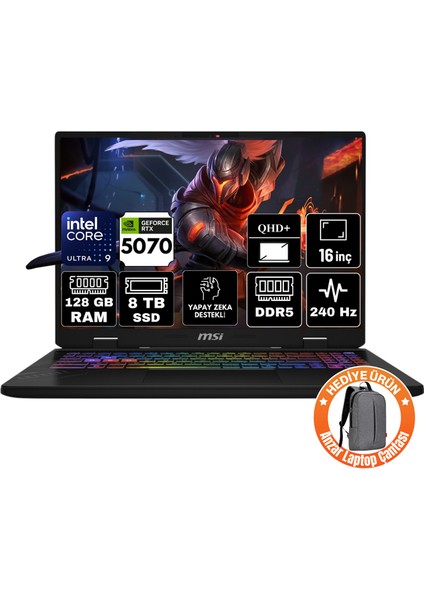 Msı Crosshaır 16 Hx Aı Intel Core Ultra 9 275HX 128GB 8tb SSD RTX5070 8gb Freedos 16" Qhd+ 240Hz Taşınabilir Bilgisayar D2XWGKG-047XTR-A29