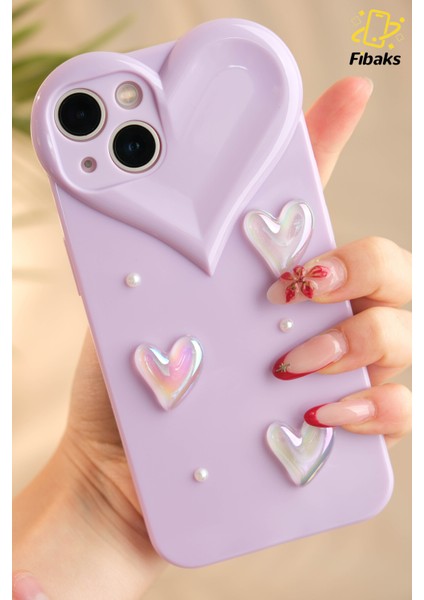 Apple iPhone 13 Kılıf Kalpli Inci Desenli Kalp Kamera Tasarımlı Lila Kamera Korumalı Silikon Kapak