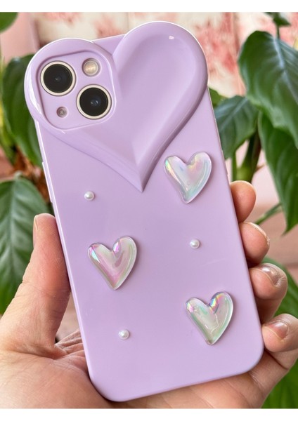 Apple iPhone 13 Kılıf Kalpli Inci Desenli Kalp Kamera Tasarımlı Lila Kamera Korumalı Silikon Kapak modelleri