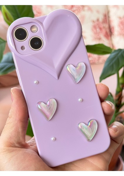 Apple iPhone 13 Kılıf Kalpli Inci Desenli Kalp Kamera Tasarımlı Lila Kamera Korumalı Silikon Kapak