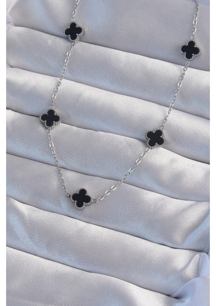 Bfs 316L Çelik Gümüş Renk Minimal Siyah Mineli Yonca Kolye