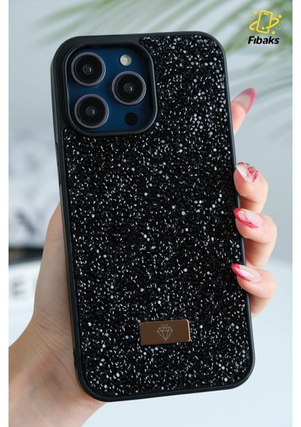 Apple iPhone 14 Pro Max Kılıf Içi Kadife Elmas Tasarımlı Siyah Taşlı Işıltılı Pırlanta Silikon Kapak