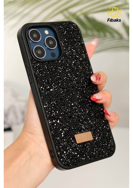 Apple iPhone 11 Pro Max Kılıf Içi Kadife Elmas Tasarımlı Siyah Taşlı Işıltılı Pırlanta Silikon Kapak