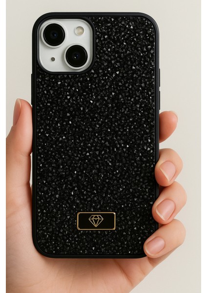 Apple iPhone 14 Plus-15 Plus Kılıf Içi Kadife Elmas Tasarımlı Siyah Taşlı Işıltılı Pırlanta Silikon Kapak modelleri