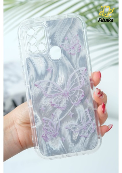 Samsung Galaxy A21S Kılıf Sök Tak Kamera Korumalı Parlak Hologramlı Kelebek Desenli Darbe Emici