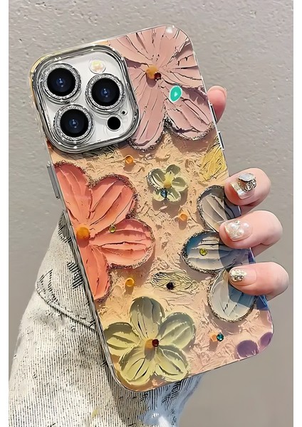 Apple iPhone 16 Pro Max Uyumlu Kılıf Renk Değiştiren Taşlı Kamera Lens Korumalı Parlak Pembe Çiçek Desenli