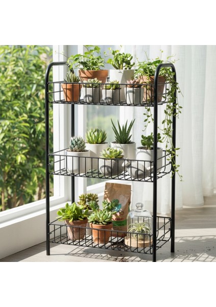3 Katlı Metal Çiçeklik Dekoratif Lüks Bahçe Mobilyası Bahçe Balkon Raf Saksılık
