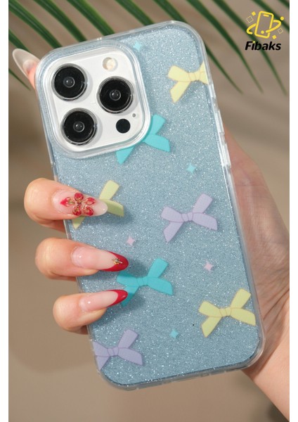 Apple iPhone 16 Pro Uyumlu Kılıf Mavi Simli Renkli Fiyonk Desenli Parlak Darbe Emici Kapak
