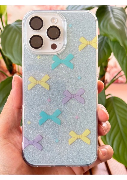 Apple iPhone 12 Pro Max Uyumlu Kılıf Mavi Simli Renkli Fiyonk Desenli Parlak Darbe Emici Kapak