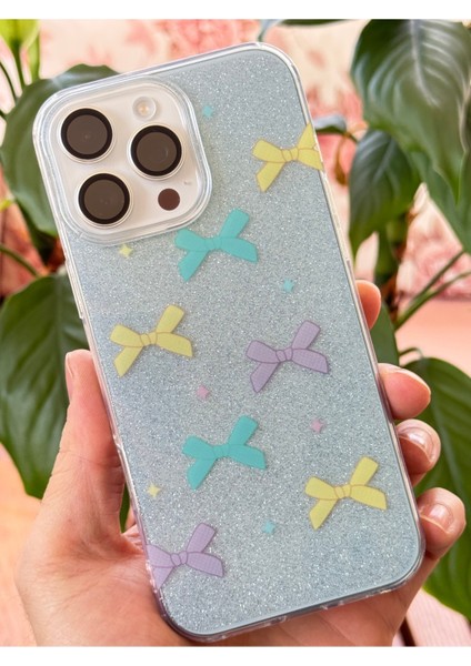 Apple iPhone 12 Pro Max Uyumlu Kılıf Mavi Simli Renkli Fiyonk Desenli Parlak Darbe Emici Kapak