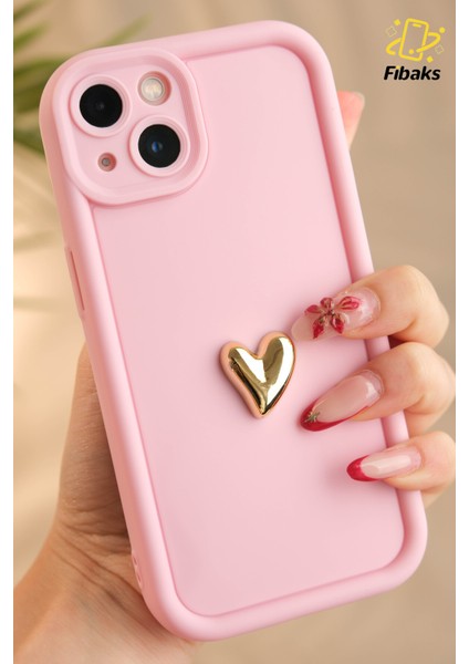 Apple iPhone 13 Kılıf 3D Kalp Tasarımlı Pembe Desenli Yumuşak Kamera Korumalı Silikon Kapak