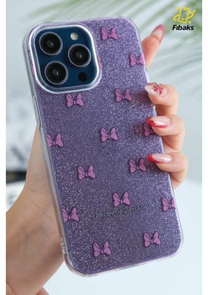 Apple iPhone 11 Pro Max Uyumlu Kılıf Mor Simli Fiyonk Desenli Renkli Parlak Darbe Emici Kapak