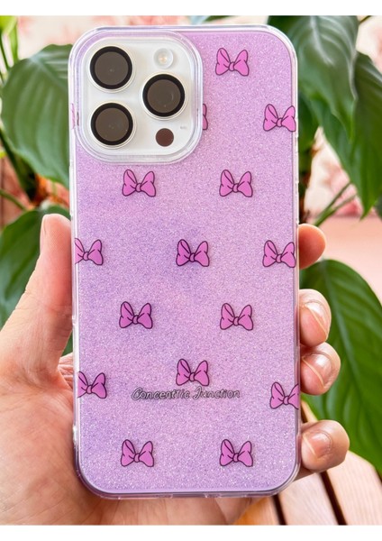 Apple iPhone 11 Pro Max Uyumlu Kılıf Mor Simli Fiyonk Desenli Renkli Parlak Darbe Emici Kapak modelleri