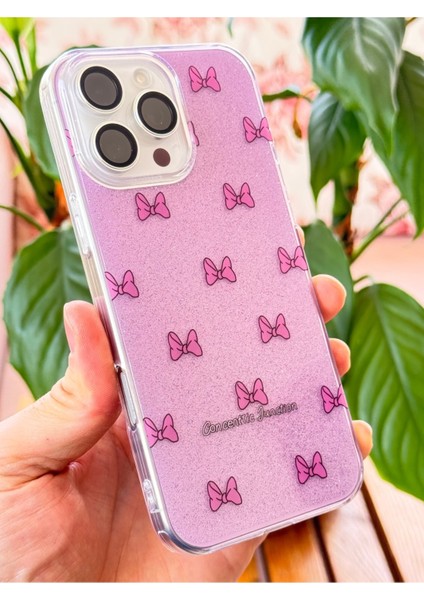 Apple iPhone 11 Pro Max Uyumlu Kılıf Mor Simli Fiyonk Desenli Renkli Parlak Darbe Emici Kapak