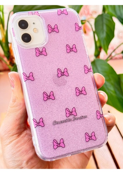 Apple iPhone 11 Uyumlu Kılıf Mor Simli Fiyonk Desenli Renkli Parlak Darbe Emici Kapak