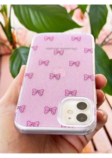 Apple iPhone 11 Uyumlu Kılıf Mor Simli Fiyonk Desenli Renkli Parlak Darbe Emici Kapak