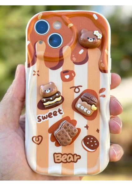Apple iPhone 13 Kılıf Tasarımlı Desenli Kamera Korumalı Ayıcık Bisküvi Renkli Cofffe Silikon Kapak