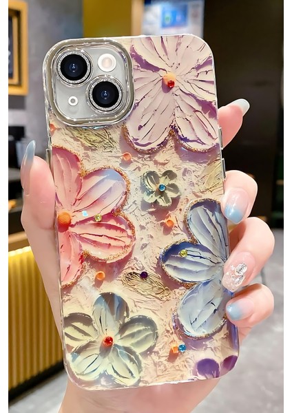 Apple iPhone 13 Kılıf Renk Değiştiren Taşlı Kamera Lens Korumalı Pembe Çiçek Desenli Darbe Emici Kapak