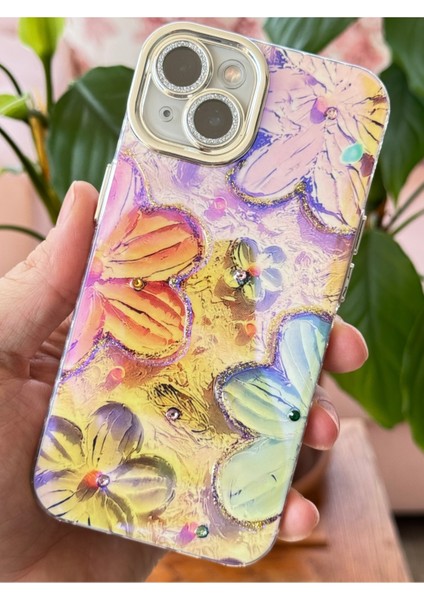 Apple iPhone 13 Kılıf Renk Değiştiren Taşlı Kamera Lens Korumalı Pembe Çiçek Desenli Darbe Emici Kapak indirimleri