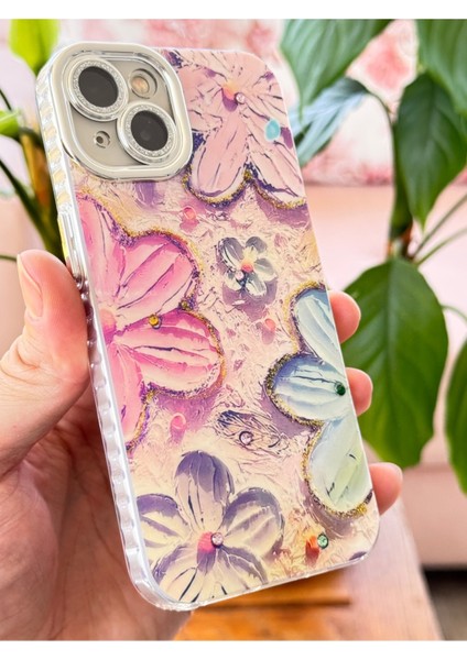 Apple iPhone 13 Kılıf Renk Değiştiren Taşlı Kamera Lens Korumalı Pembe Çiçek Desenli Darbe Emici Kapak