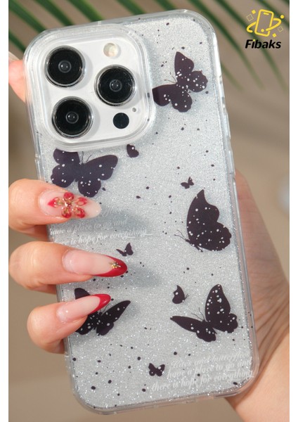 Apple iPhone 12 Pro Max Uyumlu Kılıf Simli Siyah Kelebek Desenli Renkli Parlak Darbe Emici Kapak