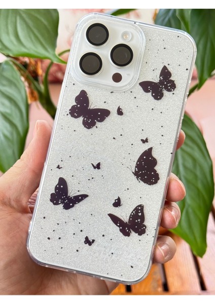 Apple iPhone 12 Pro Max Uyumlu Kılıf Simli Siyah Kelebek Desenli Renkli Parlak Darbe Emici Kapak fiyatları