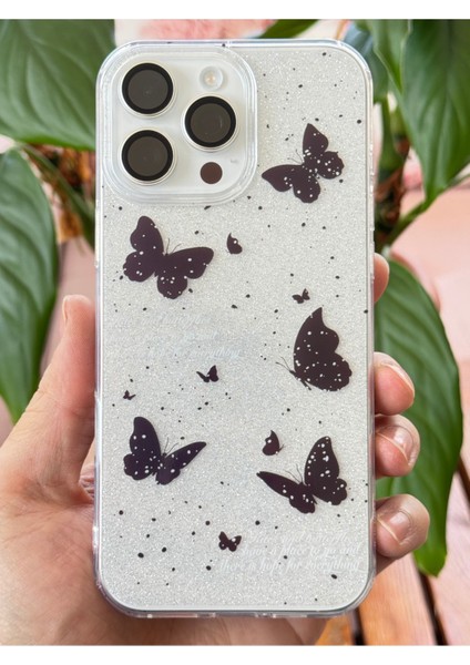 Apple iPhone 12 Pro Max Uyumlu Kılıf Simli Siyah Kelebek Desenli Renkli Parlak Darbe Emici Kapak modelleri