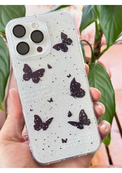 Apple iPhone 12 Pro Max Uyumlu Kılıf Simli Siyah Kelebek Desenli Renkli Parlak Darbe Emici Kapak fırsatları