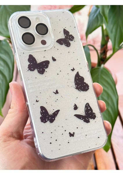 Apple iPhone 12 Pro Max Uyumlu Kılıf Simli Siyah Kelebek Desenli Renkli Parlak Darbe Emici Kapak indirimleri