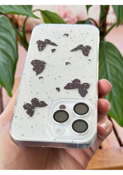 Apple iPhone 12 Pro Max Uyumlu Kılıf Simli Siyah Kelebek Desenli Renkli Parlak Darbe Emici Kapak