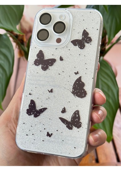 Apple iPhone 12 Pro Max Uyumlu Kılıf Simli Siyah Kelebek Desenli Renkli Parlak Darbe Emici Kapak