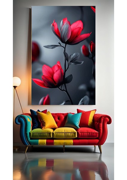 Siyah Kırmızı Çiçekler V1 Ev Duvar Salon Güzellik Salonu Ofis Dükkan Dekarasyon Kanvas Tablo